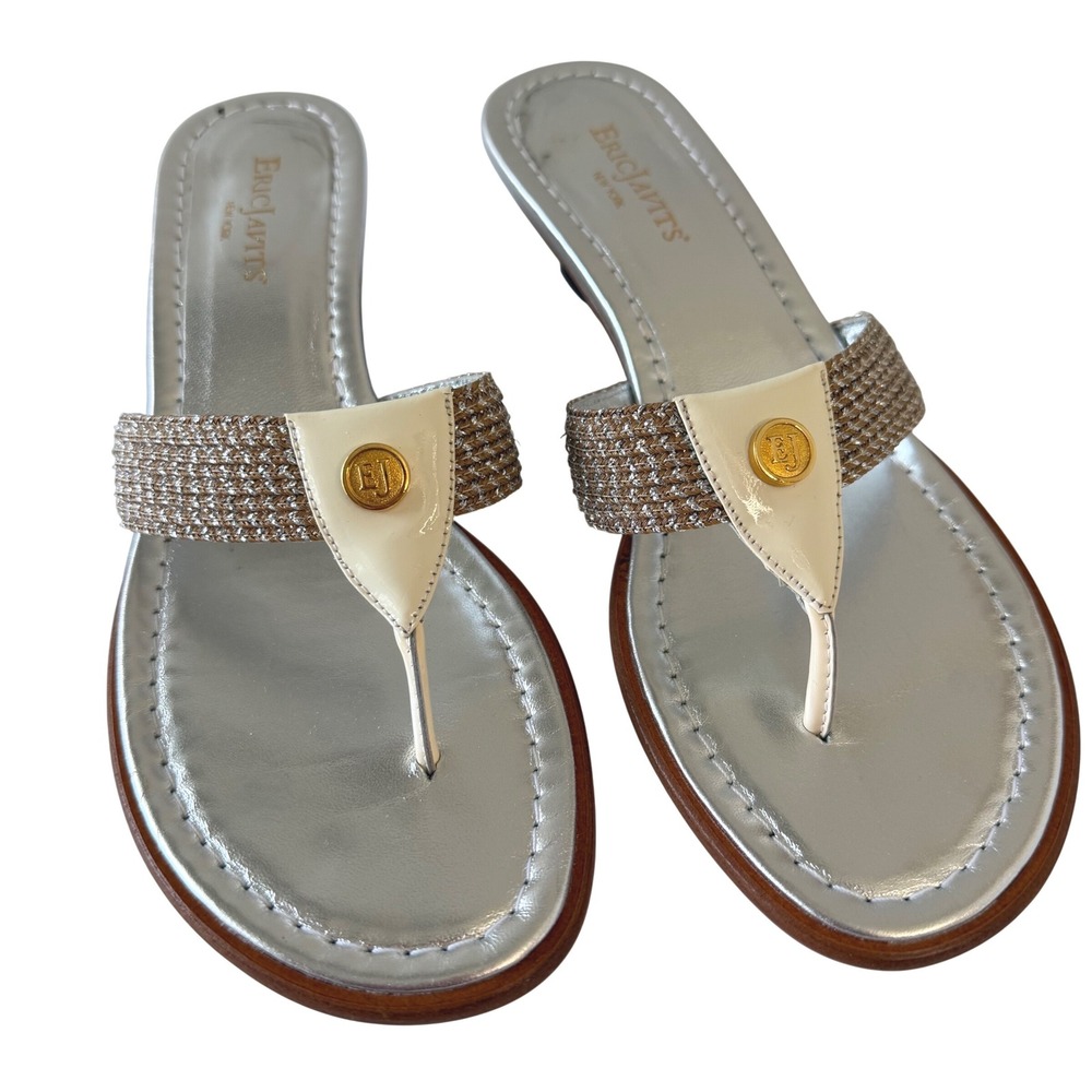 Eric Javits New York Silver Metallic Woven Kitten Heel Thong Sandals Womens 7.5N